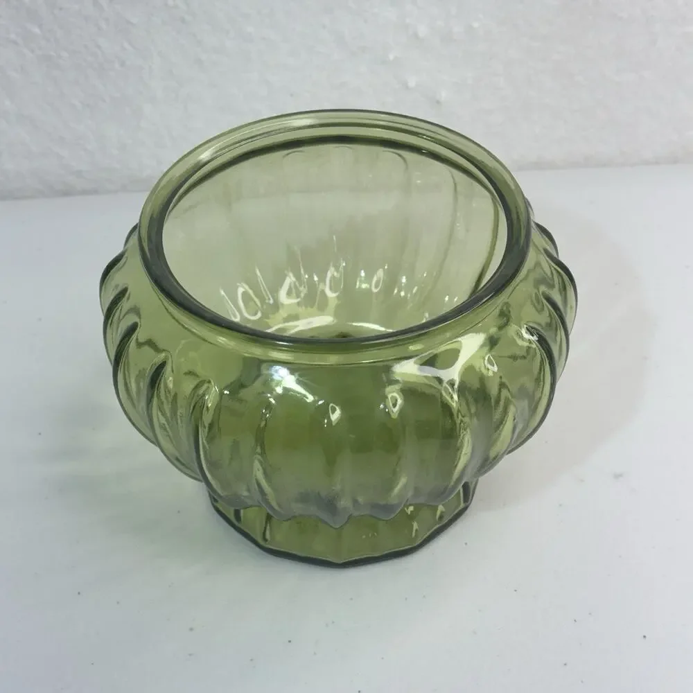 Inarco USA #5443 Olive Green Glass Ribbed Bowl Glass Plant Pot Vase VTG MCM
